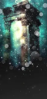 Enchanting underwater columns with dreamy stars and bubbles.