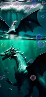 A mystical dragon swimming underwater surrounded by bubbles.