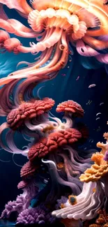 Fantasy underwater scene with coral and jellyfish in vivid colors.