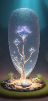 Ethereal tree in underwater fantasy setting with glowing elements.