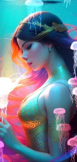 Mystical underwater goddess with vibrant colors and gold patterns.