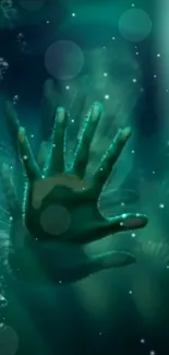 Mystical underwater hand with bubbles in teal tones.