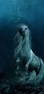 Mystical horse swimming gracefully underwater in a fantasy scene.