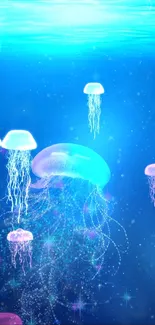 Mystical underwater jellyfish glowing in deep blue ocean wallpaper.