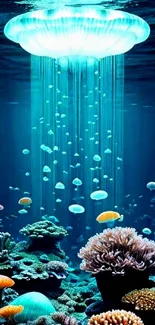 Vibrant underwater scene with jellyfish and corals