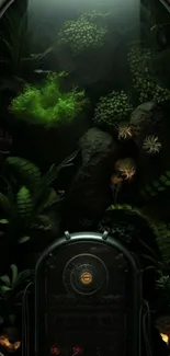 Mystical underwater scene with vibrant green plants.