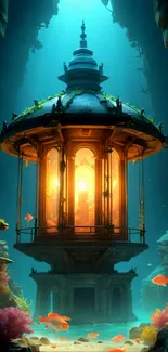 Mystical underwater scene with a glowing lantern and colorful marine life.