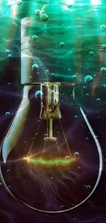 Artistic lightbulb submerged in teal water with bubbles.