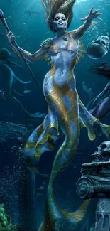 Mystical mermaid with skulls in underwater realm.