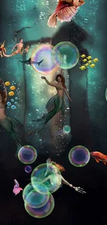 Mystical underwater mermaid scene with bubbles and marine life.