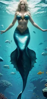 Enchanting mermaid in an underwater scene with vibrant marine life.