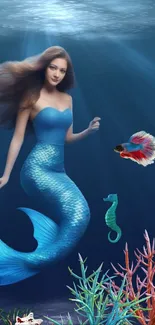 A beautiful mermaid swimming with coral and fish in an underwater scene.