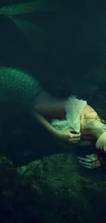 Mystical mermaid rests underwater in dark, serene ocean scene.