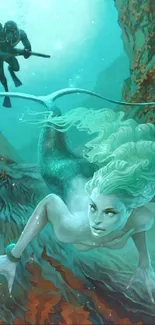 A mystical mermaid and diver explore an enchanting underwater world.