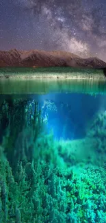 Mystical underwater world with mountains, vibrant green hues.