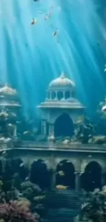 Underwater palace with sunlight and fish.