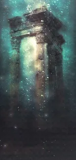 Mystical sunken temple surrounded by underwater bubbles.