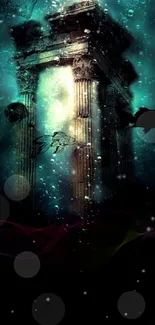 Underwater ruins with ancient pillars and bubbles in a mystical scene.