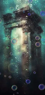 Mystical underwater ruins with glowing columns and bubbles rising.