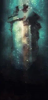 Mystical underwater ruins with ancient columns surrounded by bubbles.