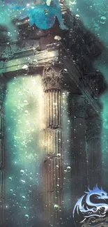 Dreamy underwater ruins with ancient pillars.