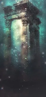 Mystical underwater ruins with ancient columns and serene teal waters.