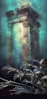 Underwater ruins with skeletons and ancient columns in mystical art wallpaper.