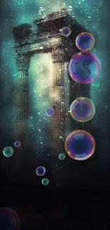 Mystical underwater ruins with ancient columns and ethereal lighting.