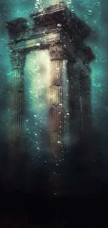 Underwater ruins with ancient pillars submerged in a mystical oceanic scene.