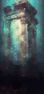 Mystical underwater ruins with ancient pillars and teal ambiance.