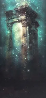 Underwater ruins with glowing blue hue and ancient columns.
