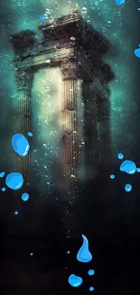 Underwater ruins with blue bubbles, mystical scene.