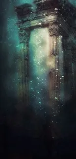 Mystical underwater ruins with ancient columns.