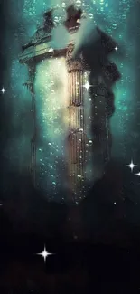 Enigmatic underwater ruins with starry reflections in a serene blue setting.
