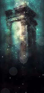 Mystical underwater ruins with ancient pillars in deep teal hues.