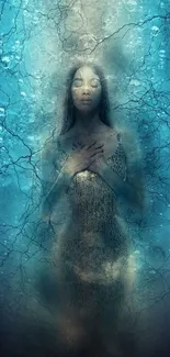 Mystical woman submerged in serene blue water.