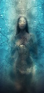 Mystical underwater portrait with bubbles and a serene figure.