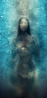 Woman immersed in a mystical underwater blue scene, emanating serenity.