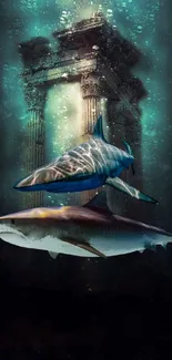 Mystical underwater scene with sharks and ancient ruins.