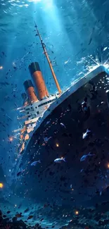 A sunken ship surrounded by serene blue ocean life.