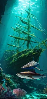 Mystical underwater scene with shipwreck and sharks.