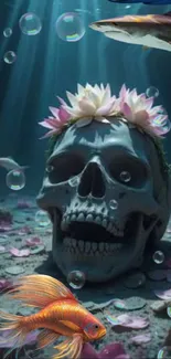 Underwater skull with flowers and fish in a mystical scene.
