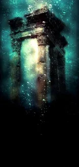 Luminous underwater temple with ancient pillars and bubbles.