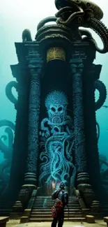 Underwater temple with mystical designs and teal ambiance in digital artwork.