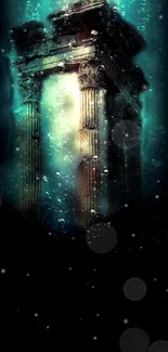 Underwater temple scene with teal hues and bubbles on a digital wallpaper design.