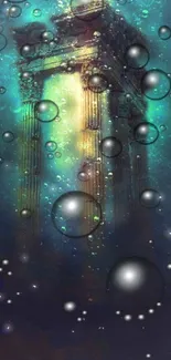 Mystical underwater temple with glowing bubbles art.