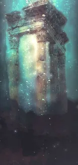 Underwater temple with mystical glow and ancient architecture.