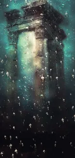 Mystical underwater temple phone wallpaper with glowing pillars and aqua tones.