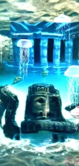 Underwater mystical temple with glowing blue ruins and ancient architecture.