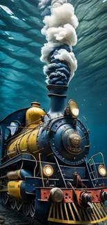 Surreal underwater journey with a steam train in the ocean depths.